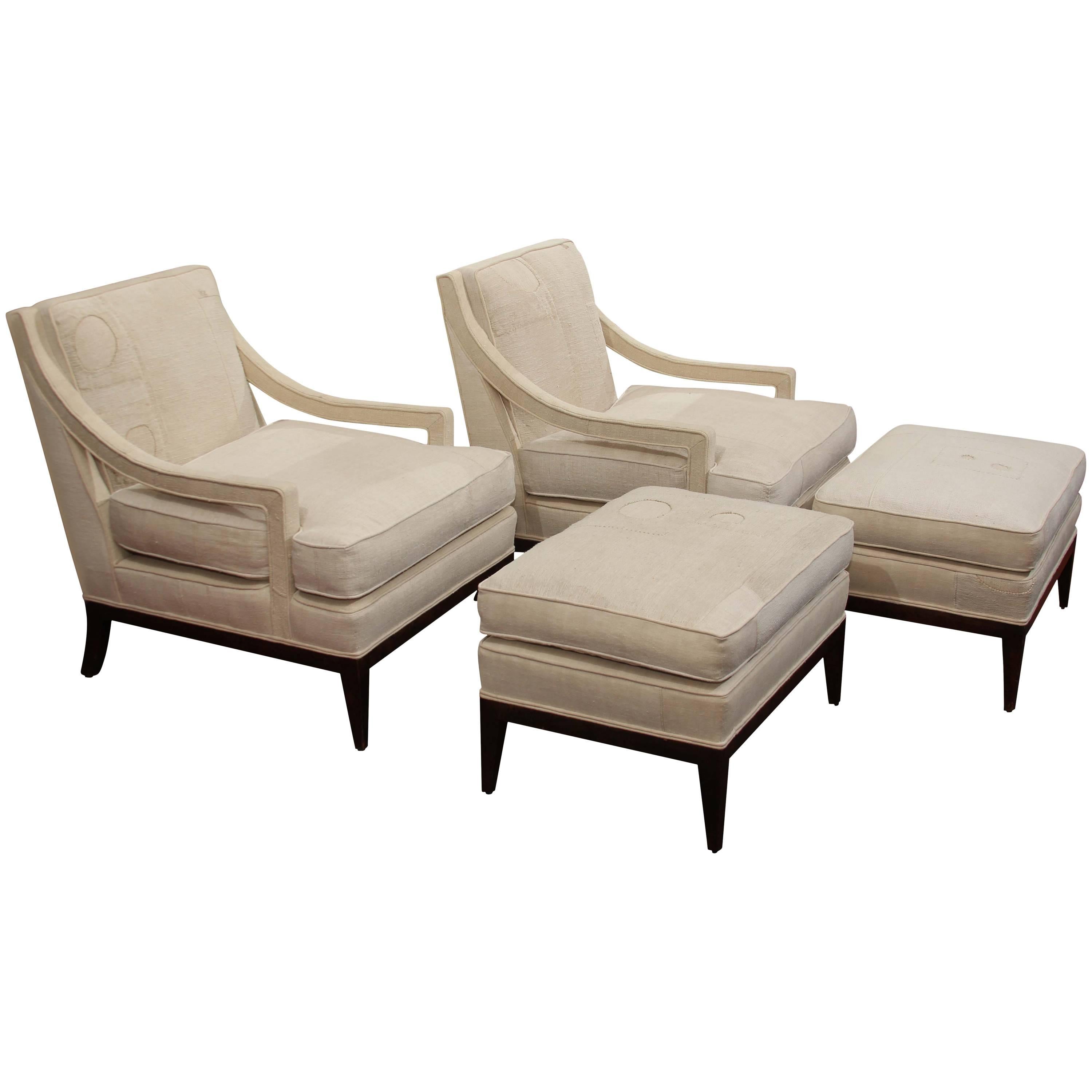 Pair of Mid-Century Chairs and Ottomans in Homespun
