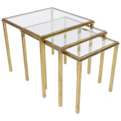 Set of Three French Gold Leaf Iron Nesting Tables by Roger Thinner Circa 1960