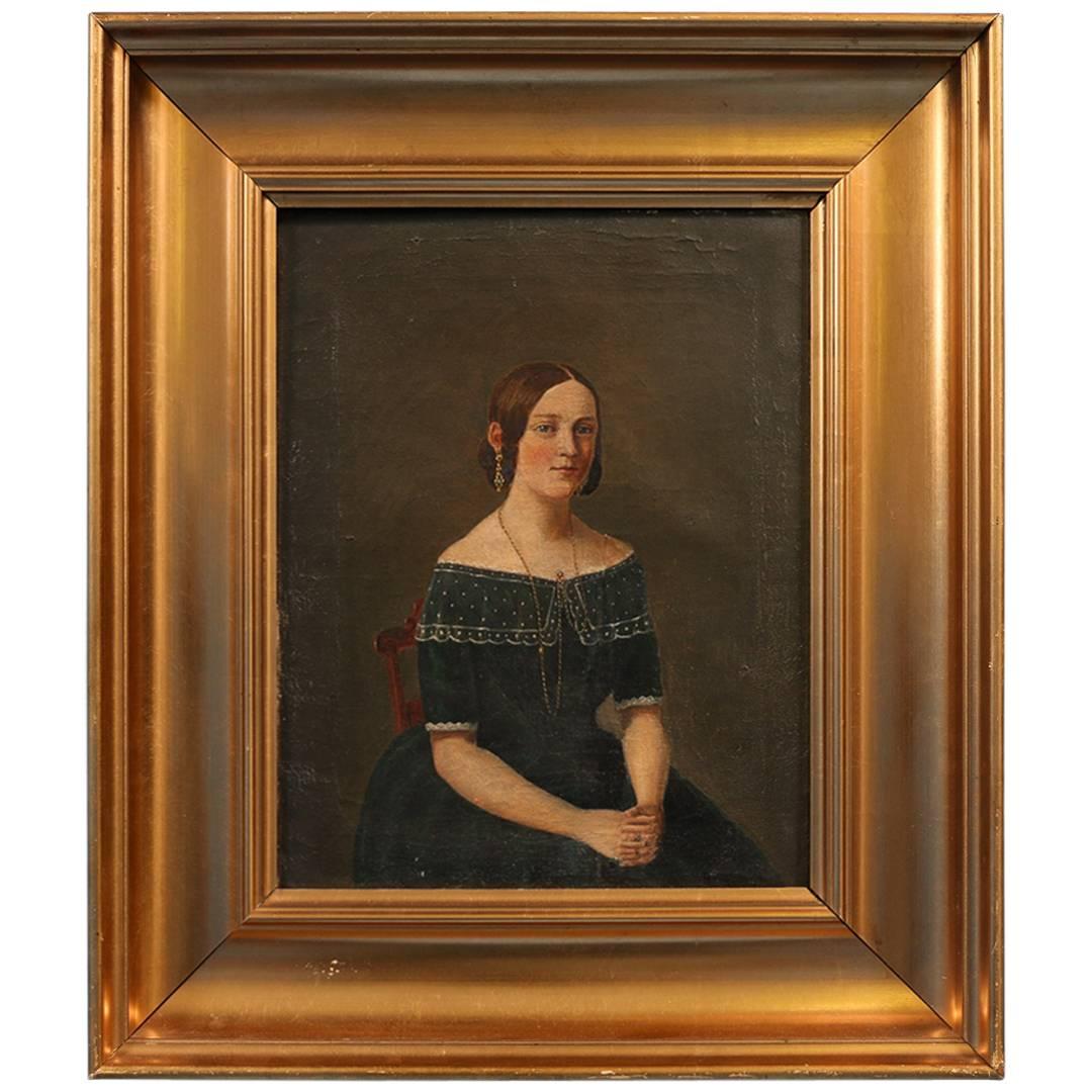 Small Antique Painting, Portrait of a Young Danish Woman, circa 1840-1860