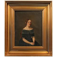 Small Antique Painting, Portrait of a Young Danish Woman, circa 1840-1860