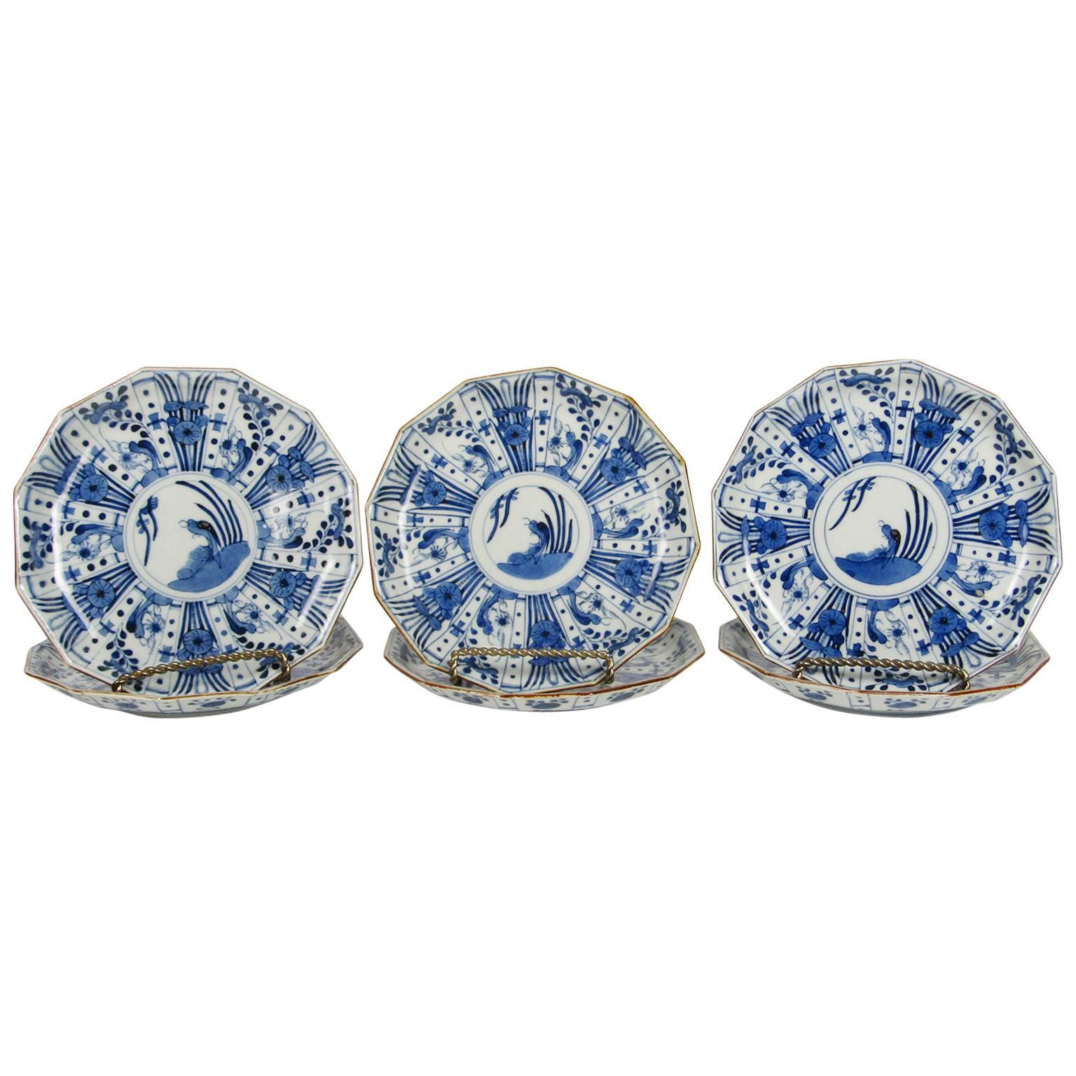 Set of Six Rare Japanese Ko-Imari Blue and White Porcelain Plates For Sale