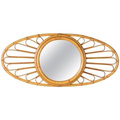 Vintage French 1960s Bamboo and Rattan Oval Mirror