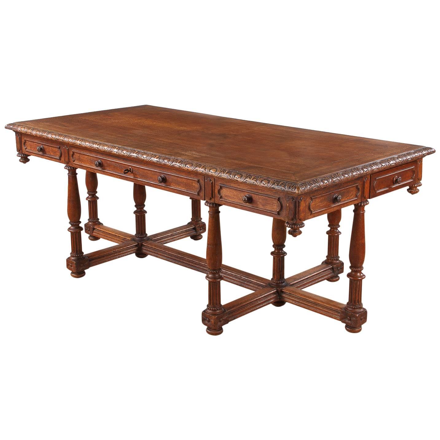 French Renaissance Revival Style Oak Library Table or Desk, Late 1800s