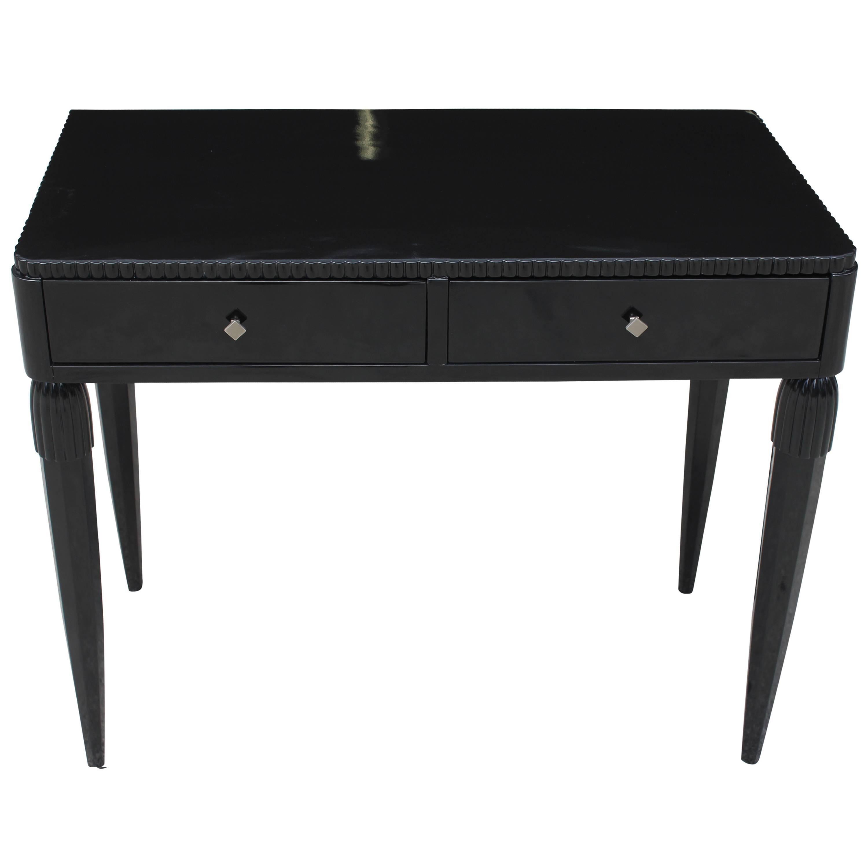 French Art Deco Black Lacquered Console Table with Two Drawers, circa 1940s