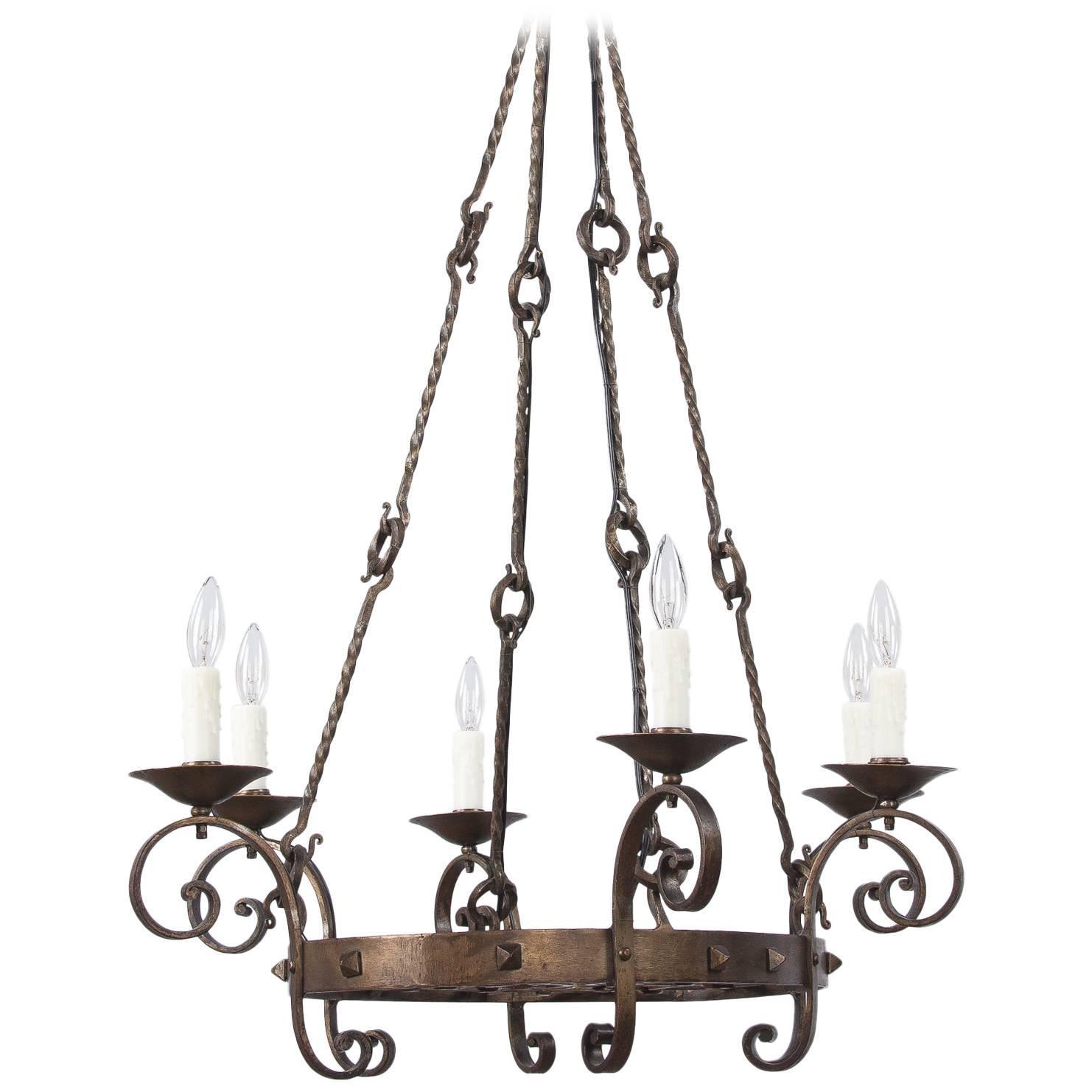 French Gothic Revival Black Wrought Iron Chandelier, circa 1940s For