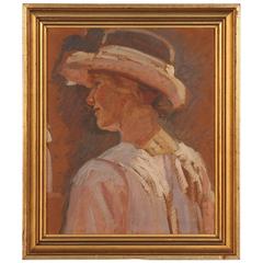 Antique Danish Impressionist Painting of a Young Woman Wearing a Hat