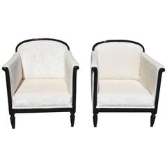 Pair of French Art Deco Carved Walnut Black Lacquered Club Chairs, circa 1940s
