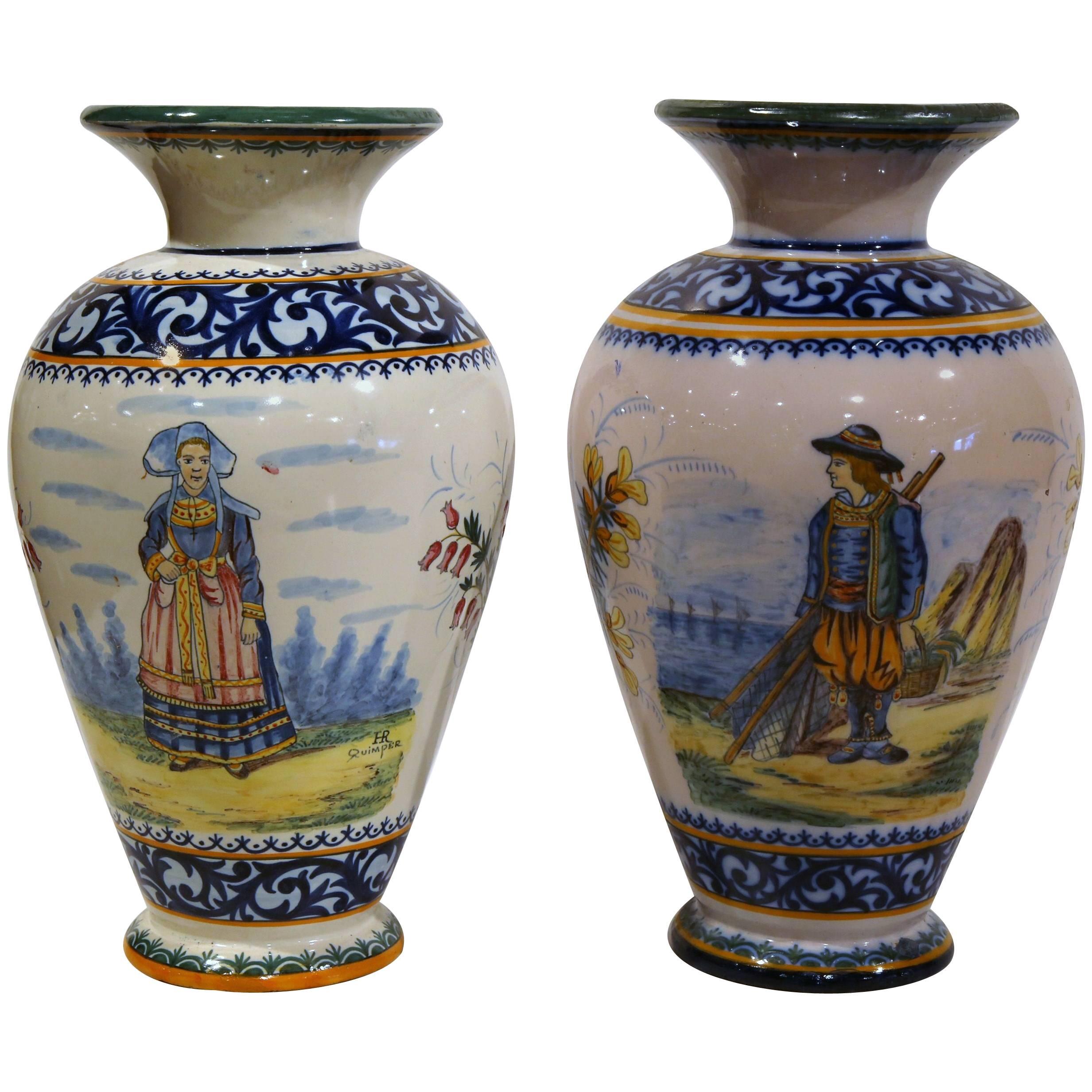 Set of Two Antique French Quimper HandPainted Vases Signed at 1stDibs