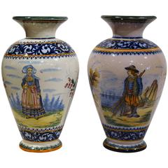 Set of Two Antique French Quimper Hand-Painted Vases Signed