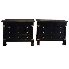 Pair of 19th Century French Ebonized Marble-Top Empire Four-Drawer Commodes
