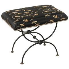 Mid-Century French Iron Vanity Bench Stool Banquette with Embroidered Tafetta