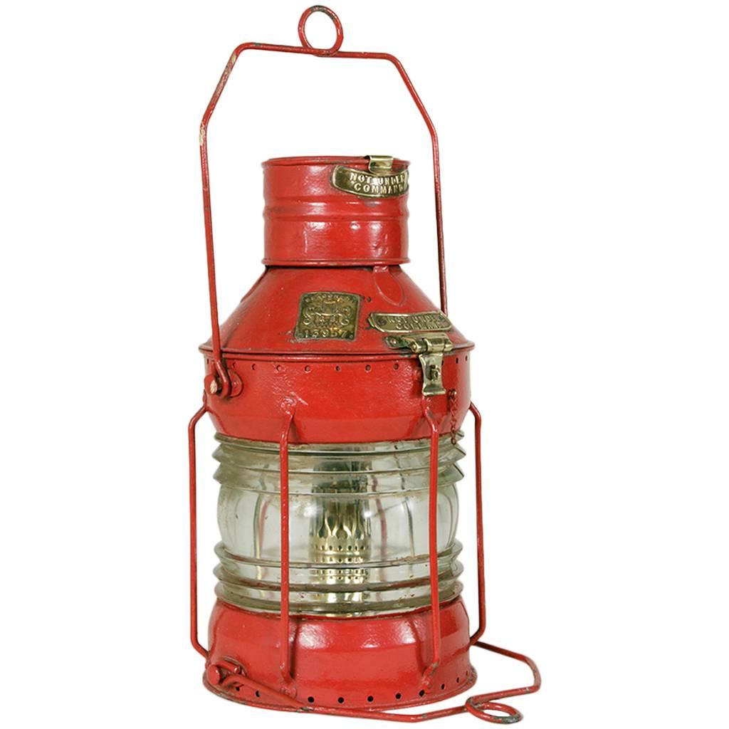 Large Antique English Red Nautical Lantern with Brass Detail and Label