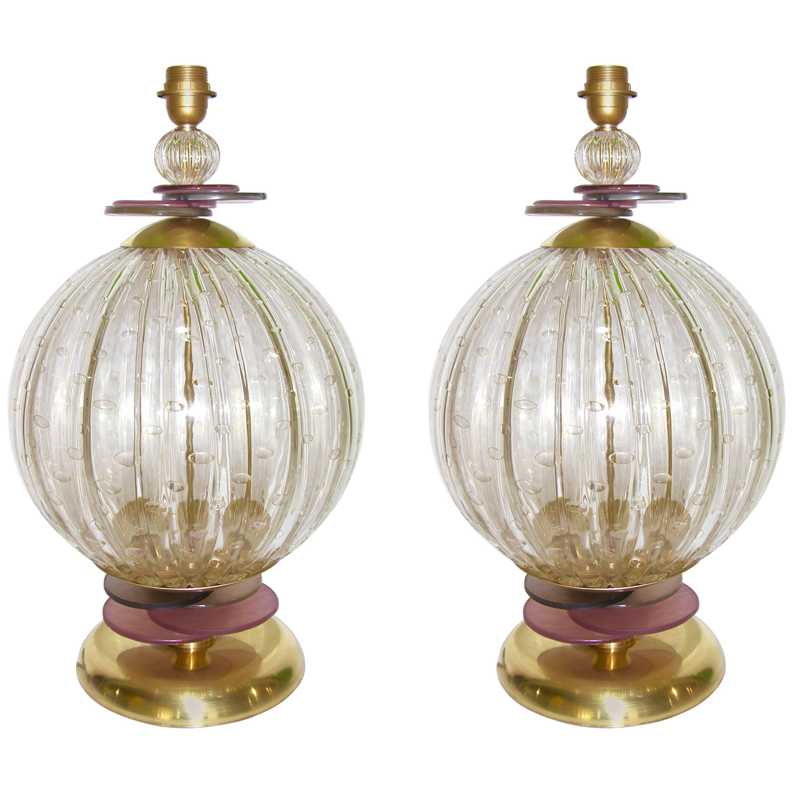 1980s Italian Pair of Round Gold Murano Glass Lamps with Purple and Gray Accents