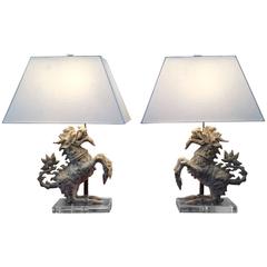 Retro Pair of Foo Dog Table Lamps