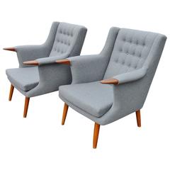 Pair of Restored Baby Bear Danish Modern Teak Lounge Chairs in Grey Wool