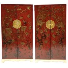 Antique Pair of Chinese Style Red Lacquer Bookcases, circa 1900