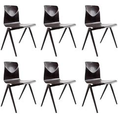 Set of Six Dutch Industrial S22 Galvanitas School Chairs Dark Brown, 1967 