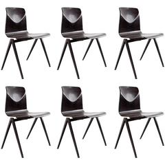 Set of Six Dutch Industrial S22 Galvanitas School Chairs Dark Brown, 1967