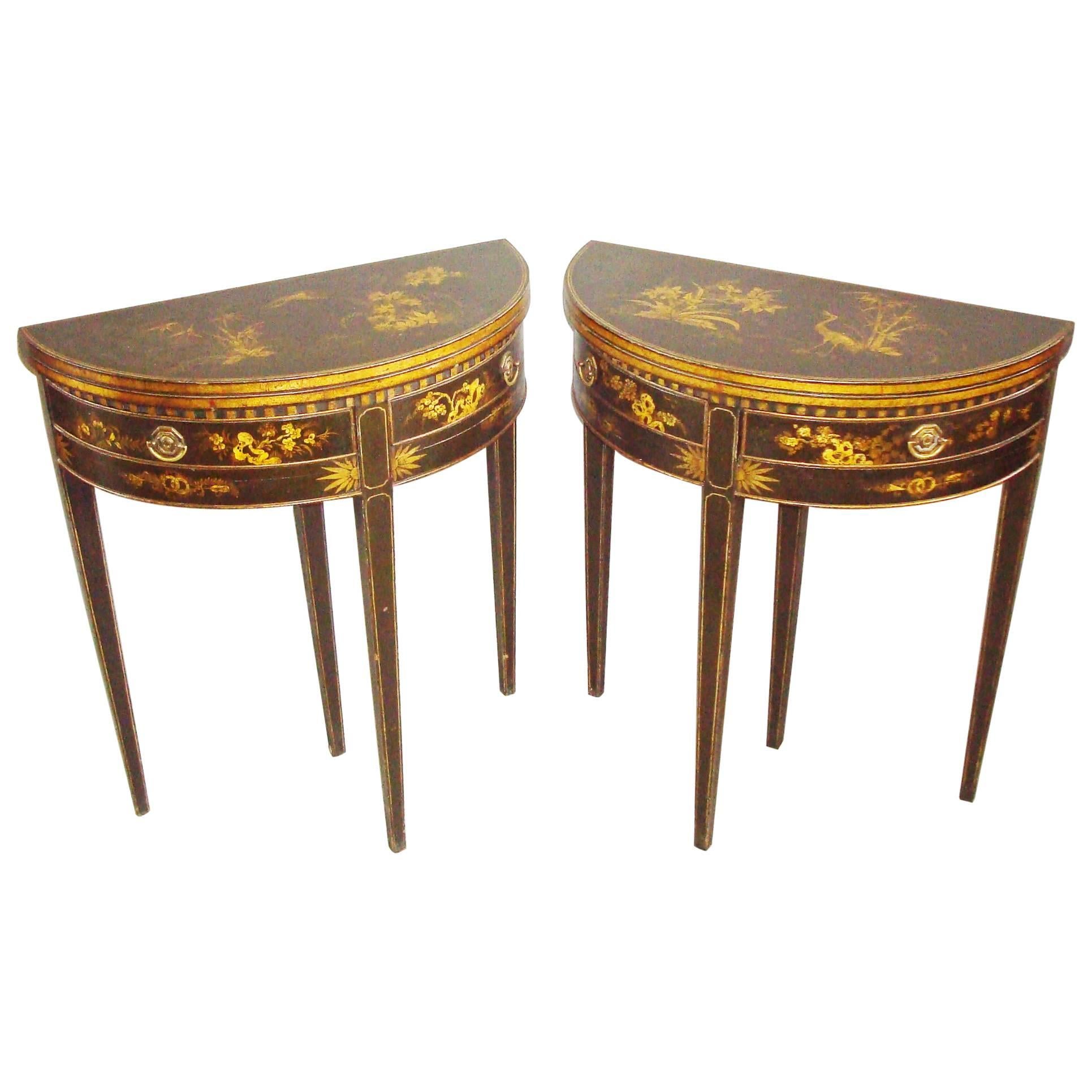 19th Century Pair of Chinoiserie Demilune Card Tables