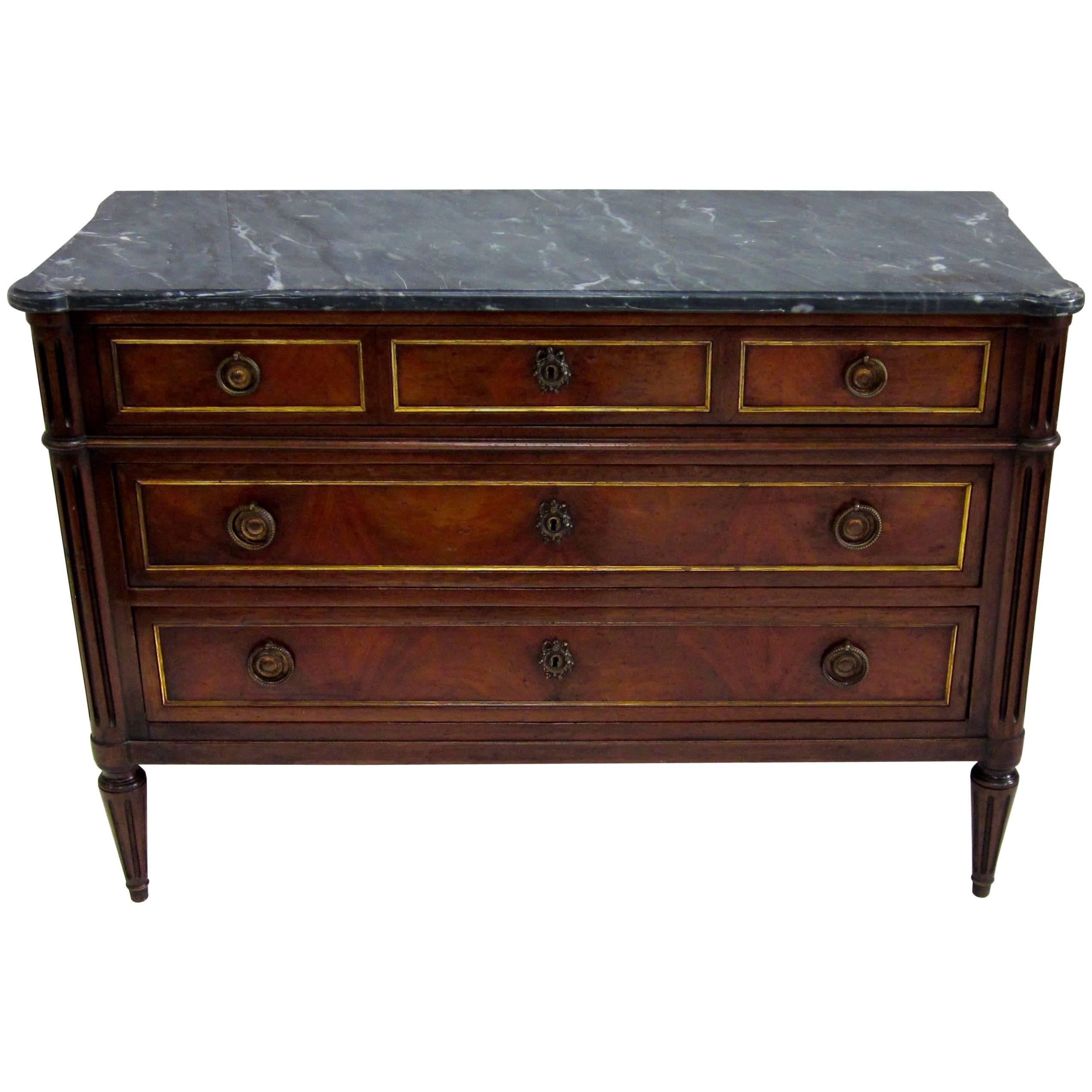 French Empire 19th Century Marble-Top Three-Drawer Walnut Commode