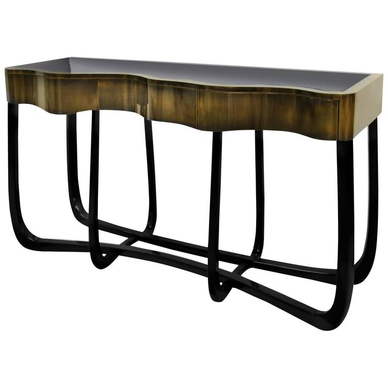 Karma Console Table in Copper and Brass with Mahogany Legs For Sale at