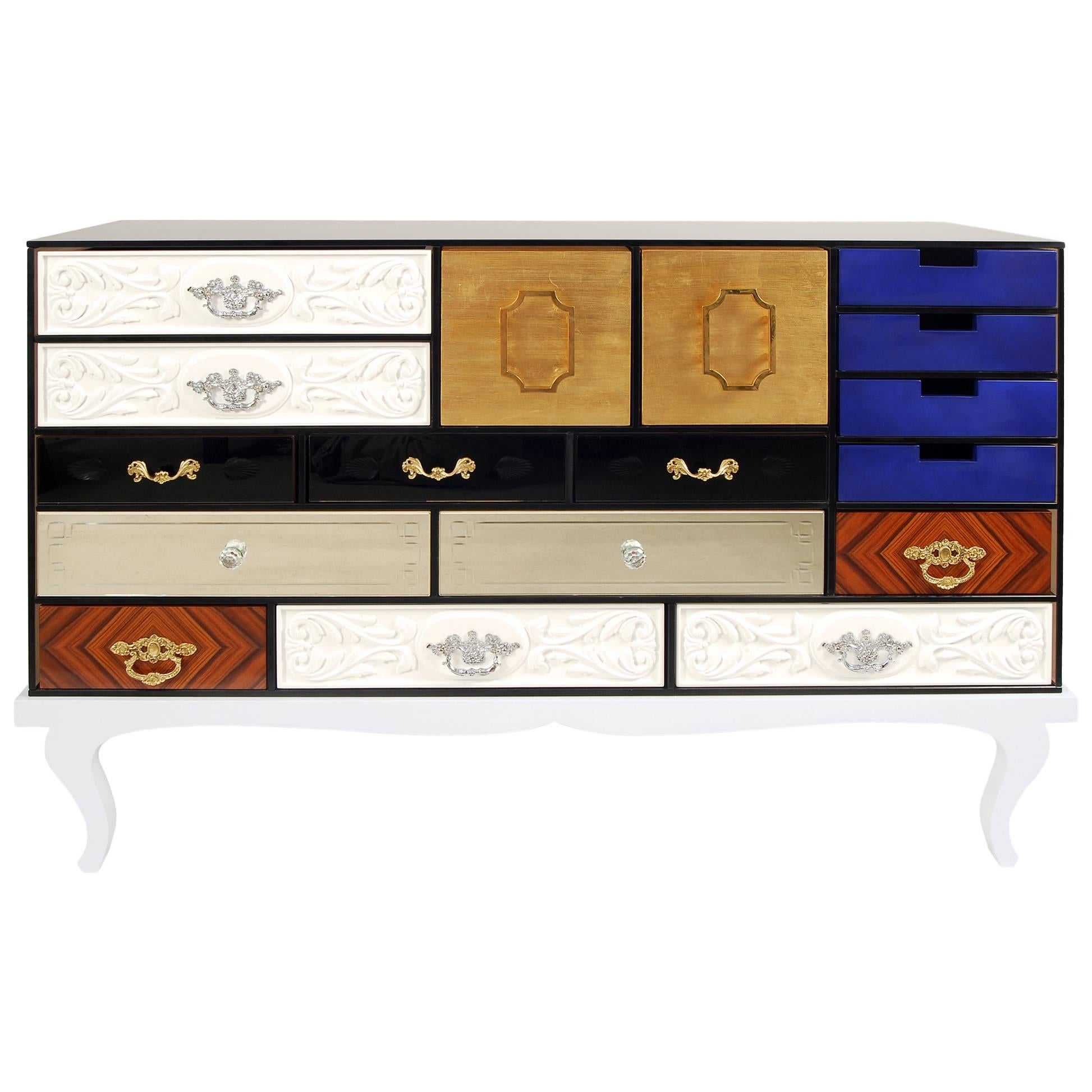 Multi Finishes Sideboard with Wooden Base and Glass Structure For Sale
