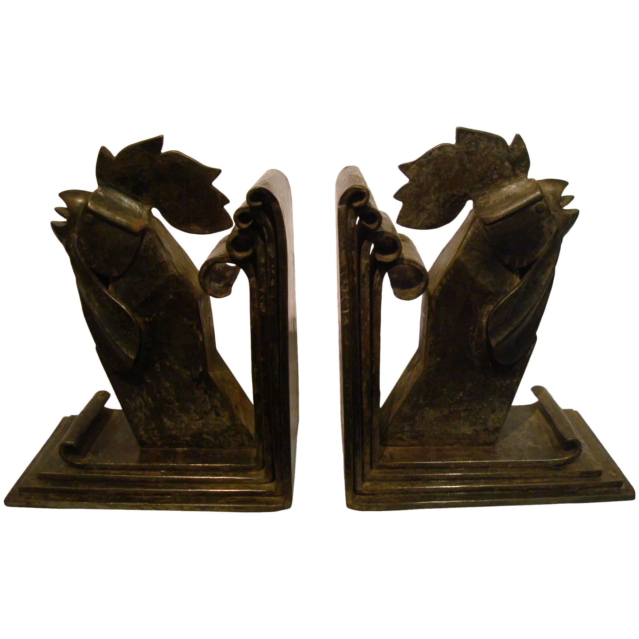 Edgar Brandt Art Deco Pair of Wrought Iron Rooster Bookends