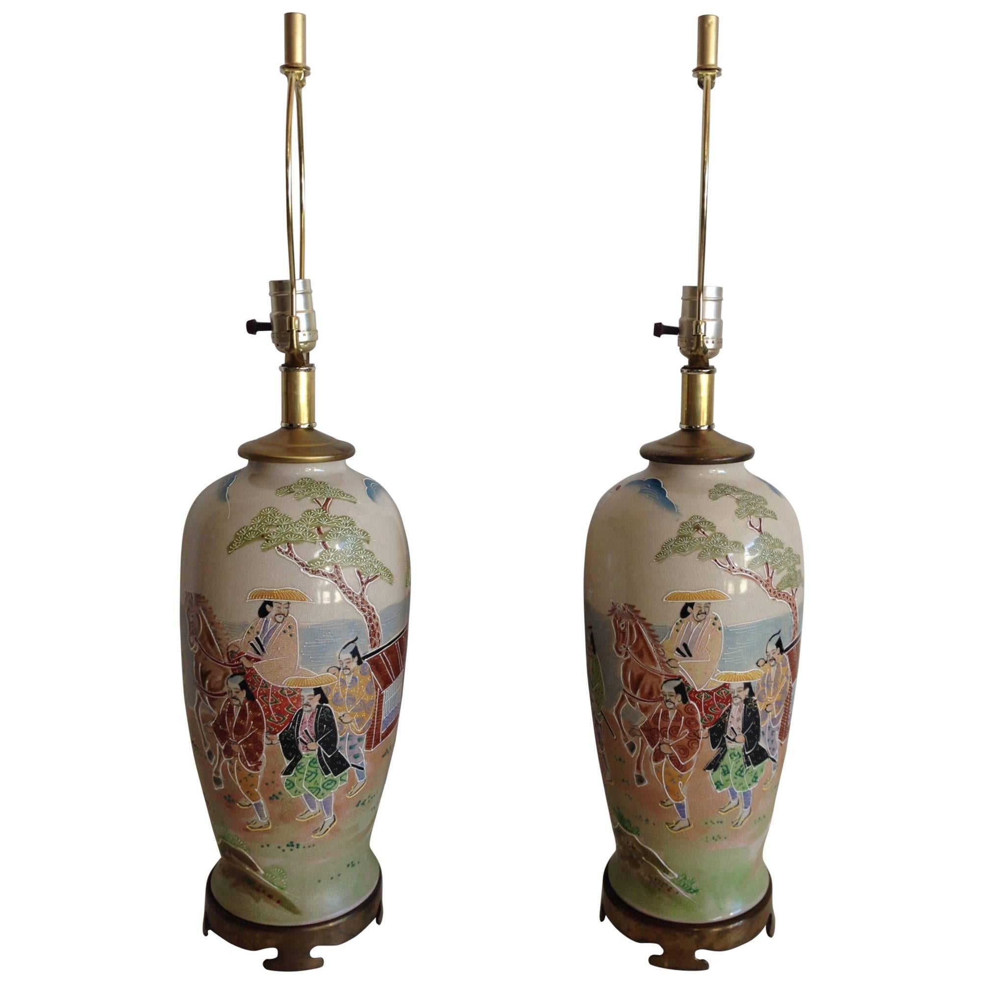 Antique Pair Of Japanese Porcelain Satsuma Hand Painted Moriage Lamps 