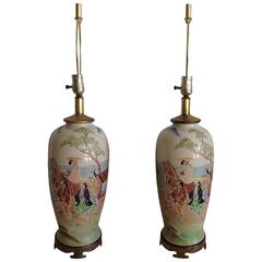 Antique Pair Of Japanese Porcelain Satsuma Hand Painted Moriage Lamps