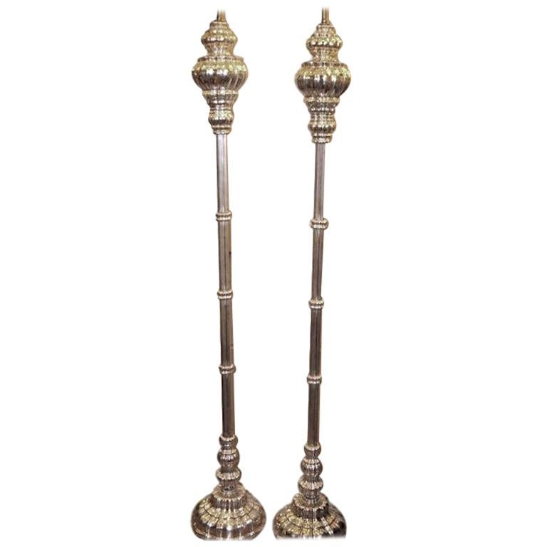 Pair of Silver Plated Floor Lamps For Sale