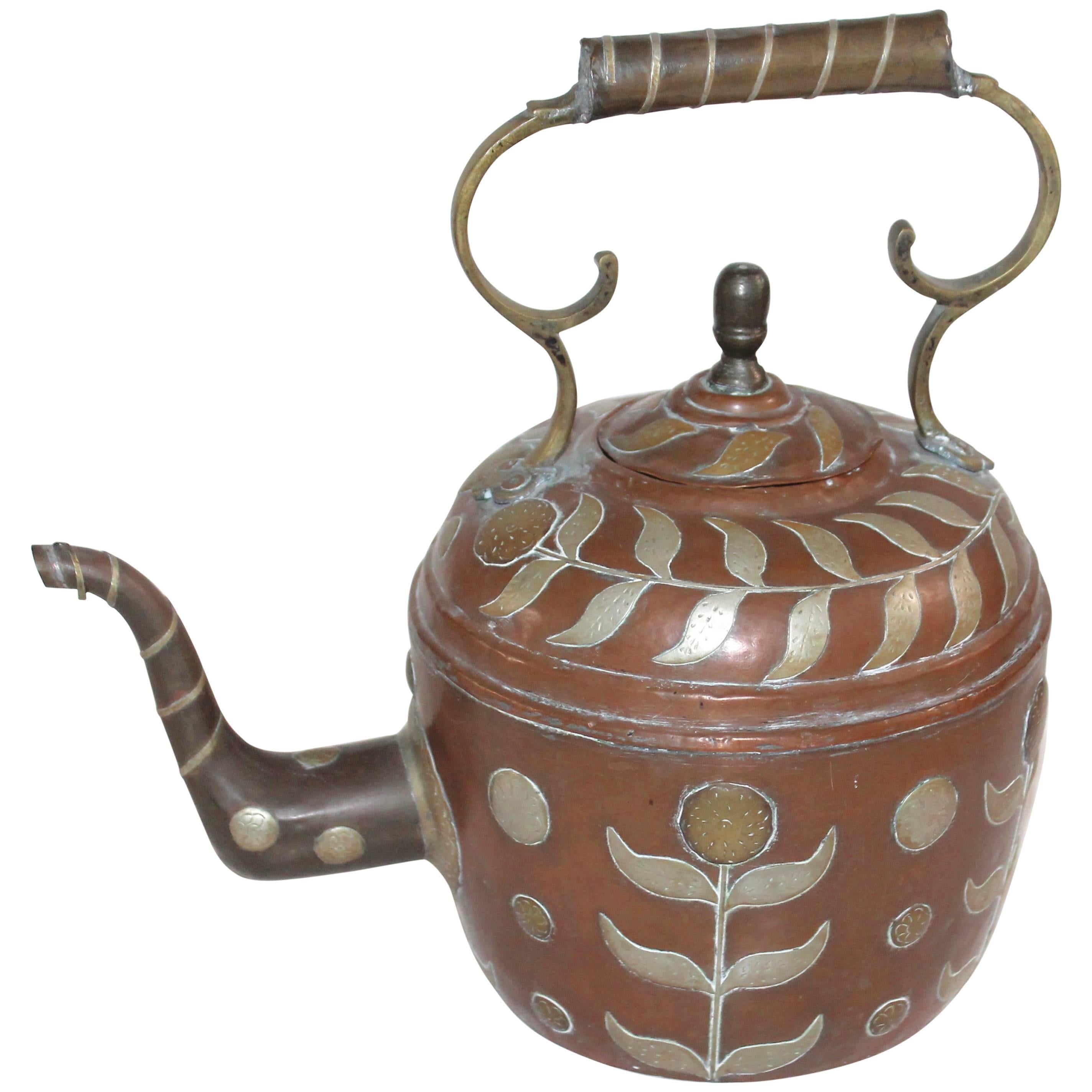 Early 19th Century Spanish Decorated Copper Gooseneck Kettle Pot