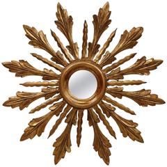 Antique Early 20th Century French Wooden Gilt Sunburst Mirror