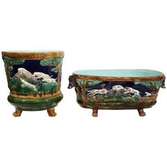 Set of Two Vintage French Barbotine Cache Pot and Jardiniere with Hunting Scenes
