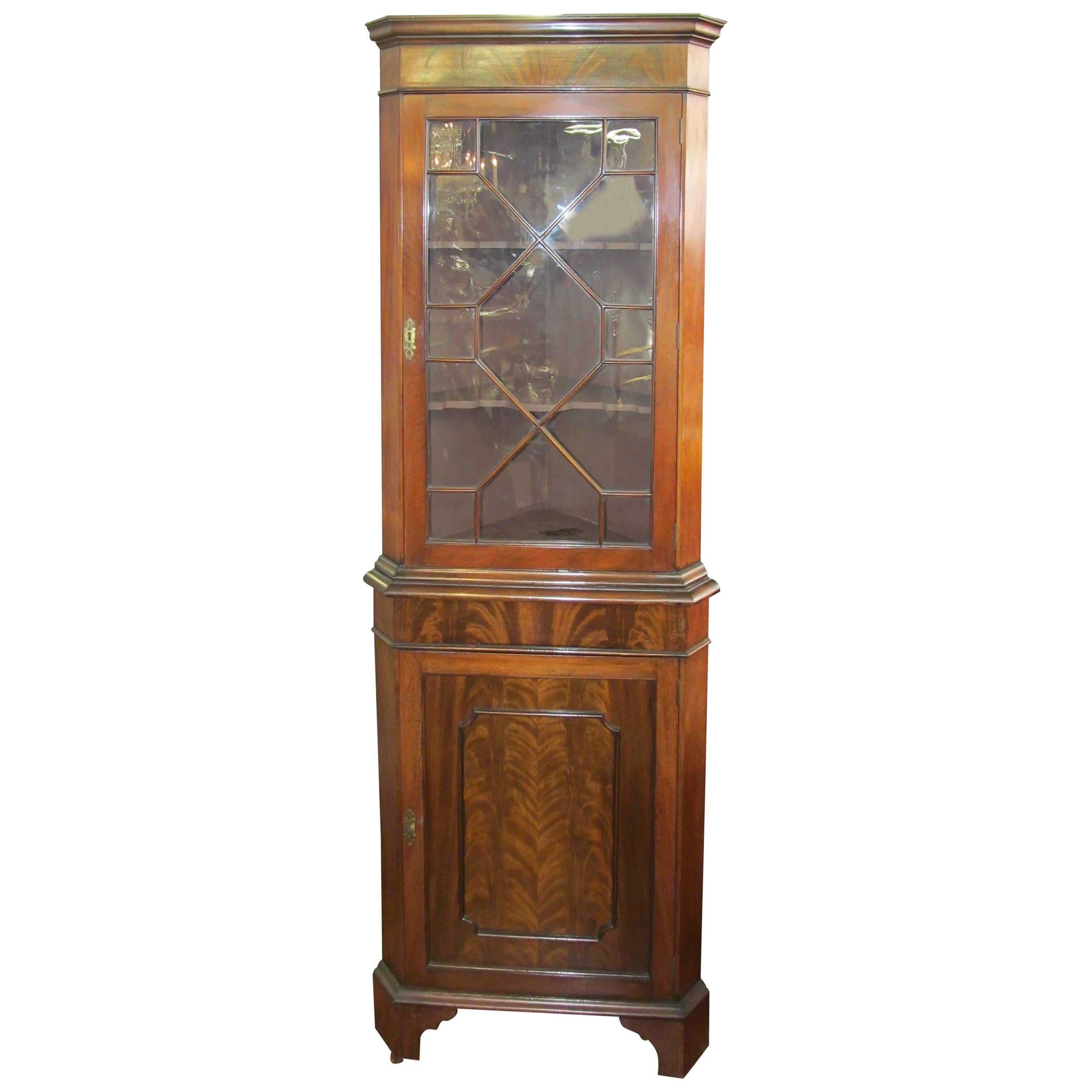 Old English Flame Mahogany Chippendale Style Single Door Corner Cupboard