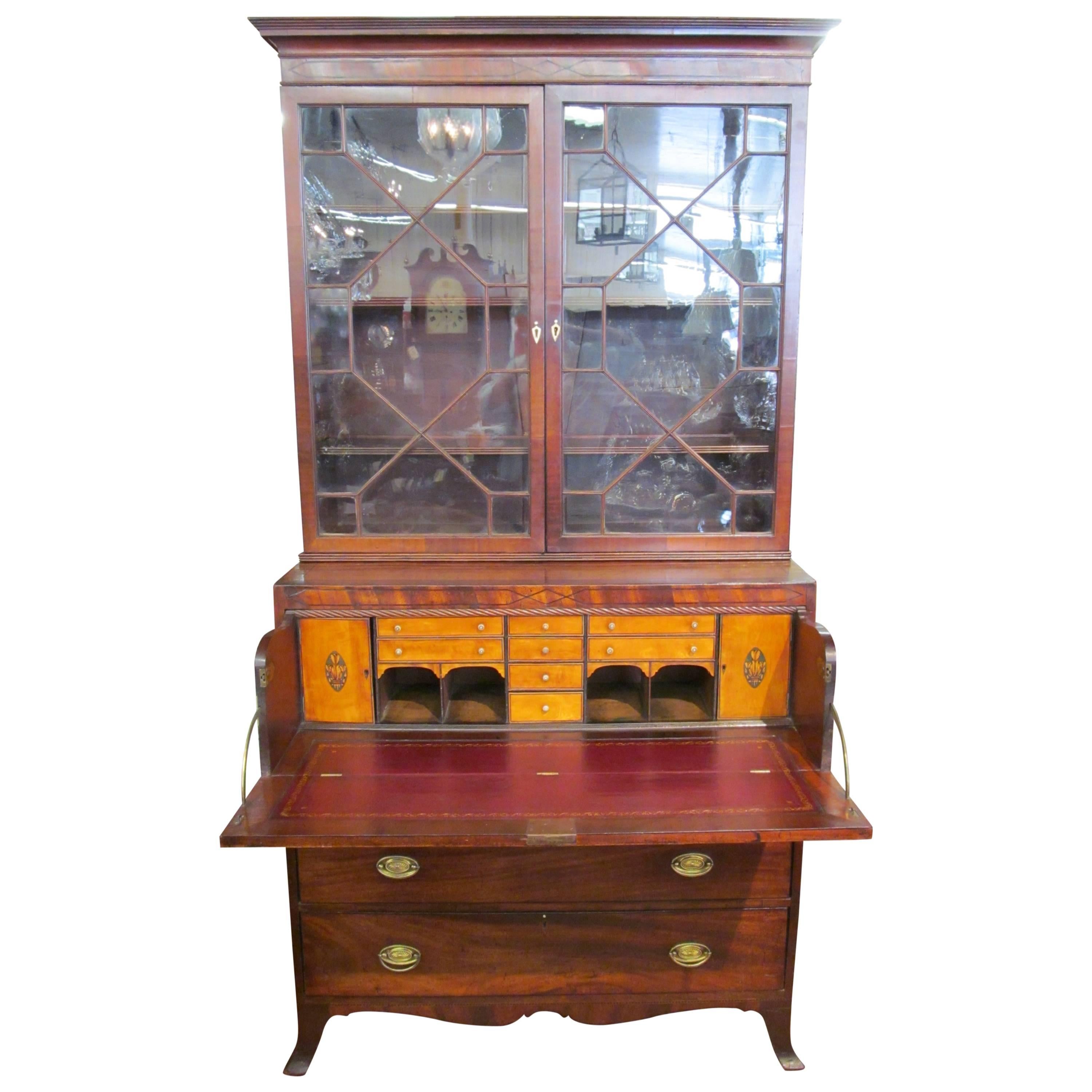 Antique English Geo. III Inlaid Figured Mahogany Secretaire Bookcase 