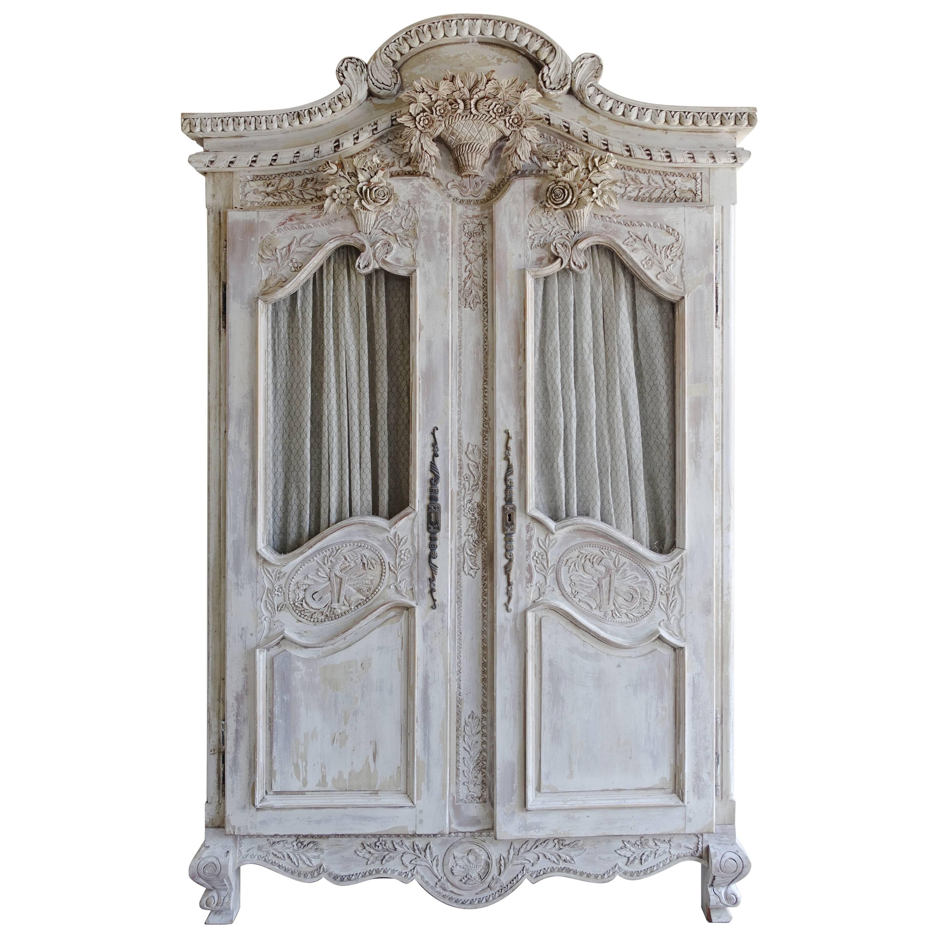 French Carved Painted Wedding Armoire