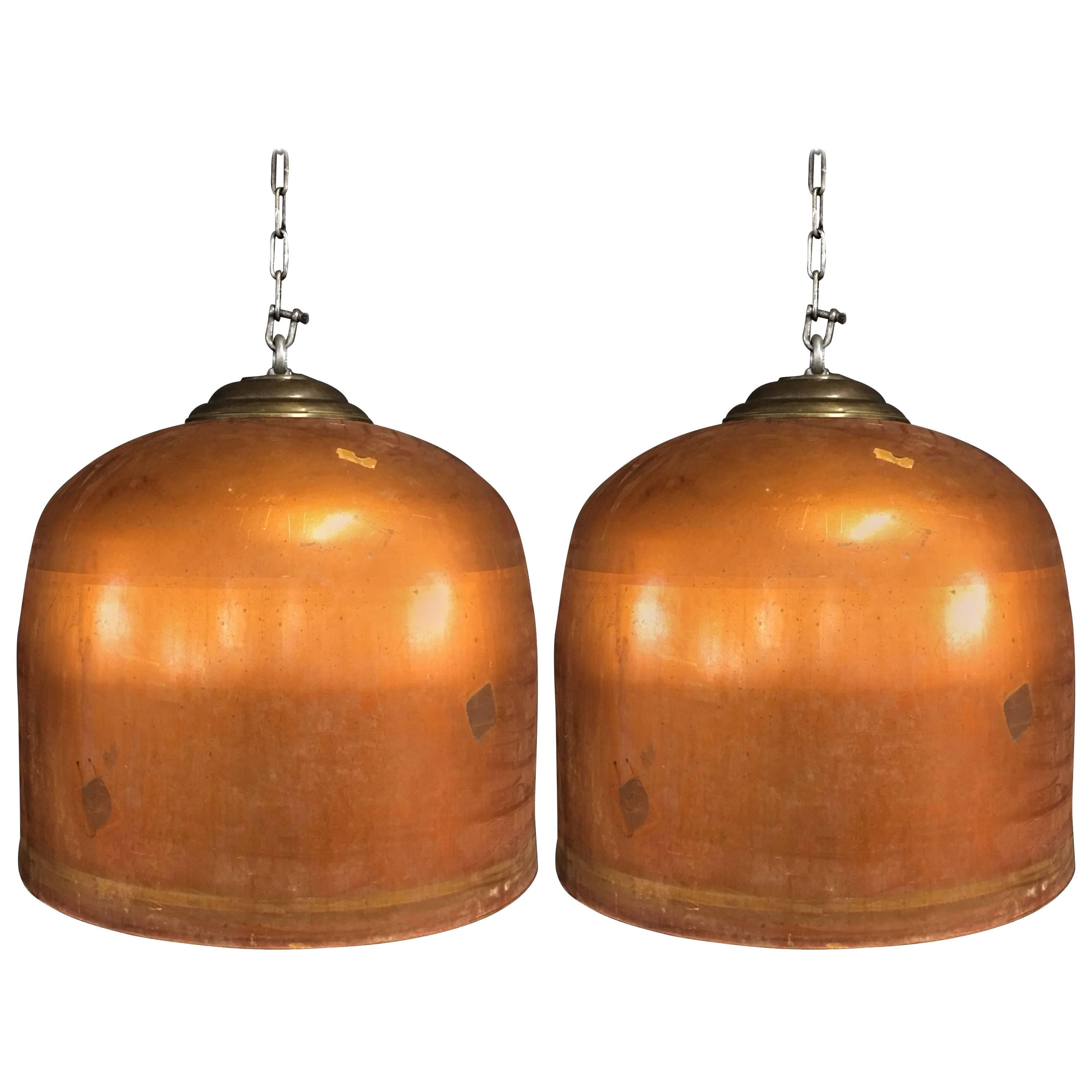 Industrial Pair of Copper Pendant Lights