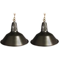 Pair of Black Industrial Factory Pendant Lights
