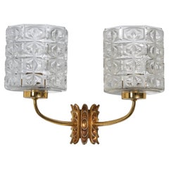 French Designer, Wall Light, Brass, Glass, France, 1950s
