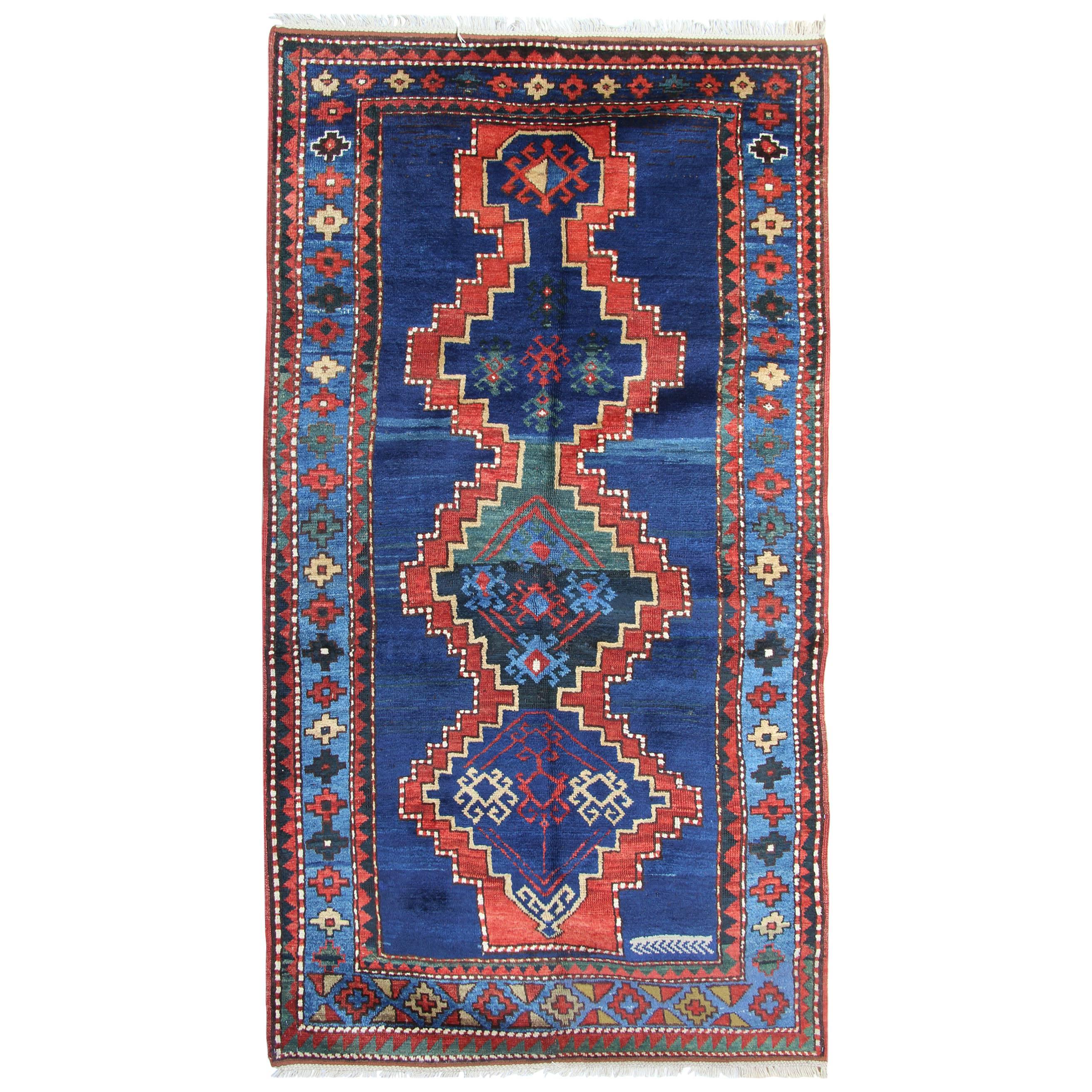 Antique Rugs Blue Caucasian Kazak Rugs, Geometric Carpet Livingroom Rug