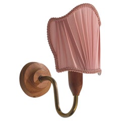 Swedish Designer, Wall Light, Teak, Brass, Fabric, Sweden, 1950s
