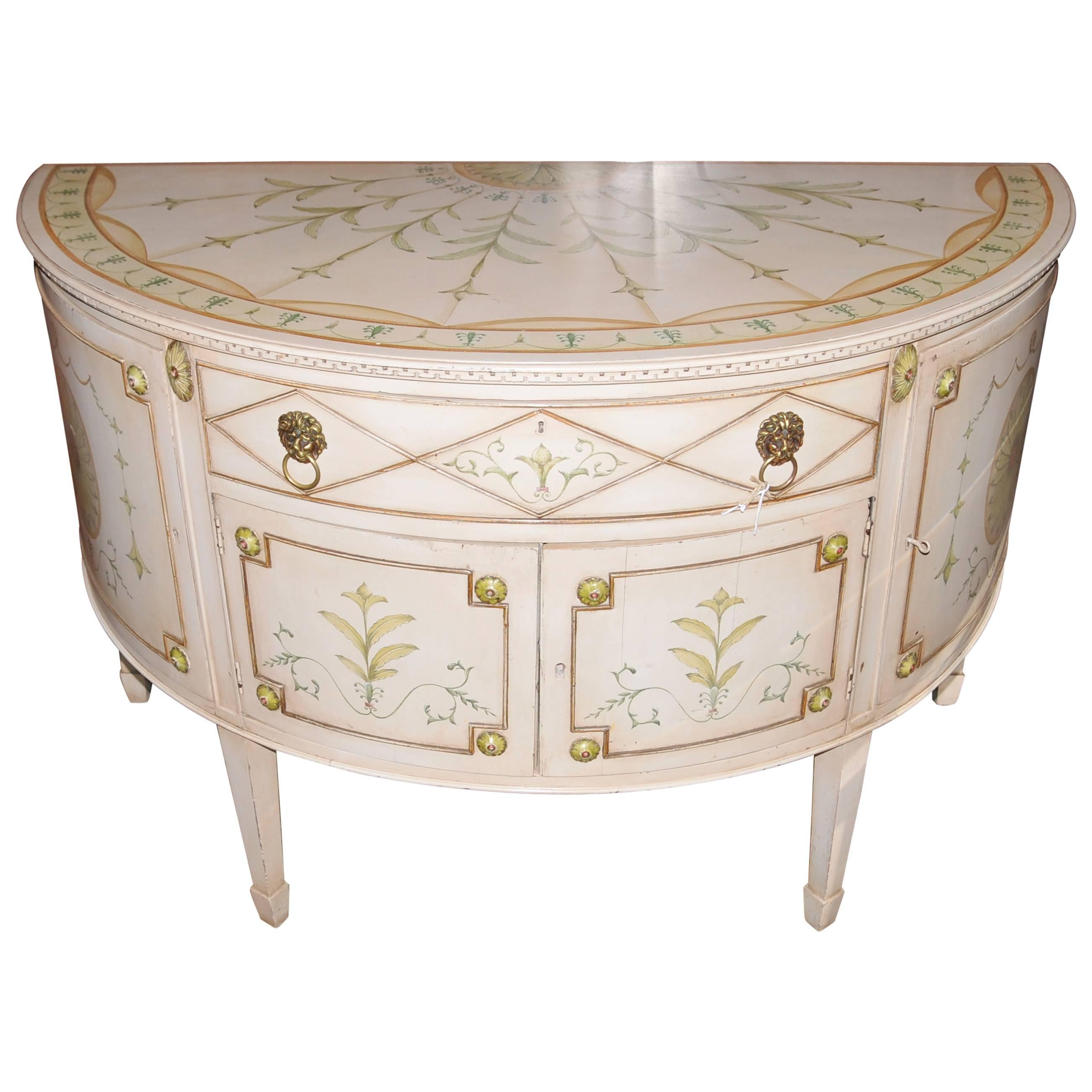 French Louis XV Style Painted Demilune Cabinet Commode Chest For Sale