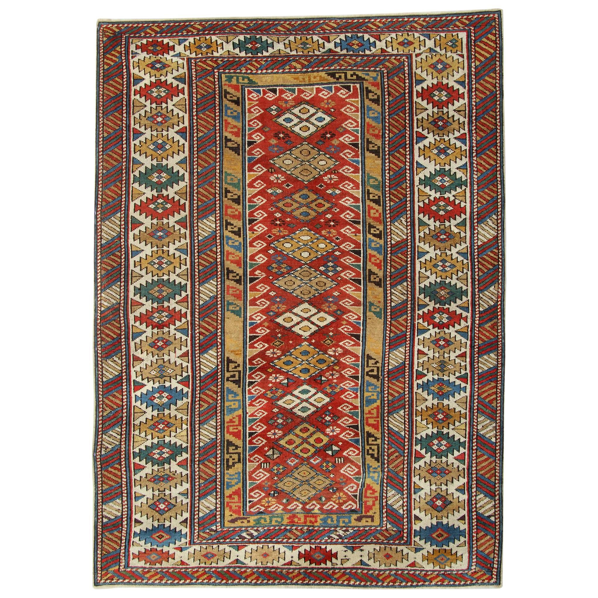 Tapis caucasien ancien Kazak fait à la main, tapis rouges à vendre, tapis anciens 