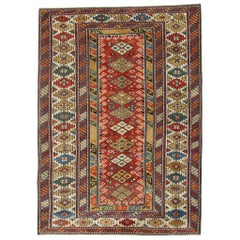 Tapis caucasien ancien Kazak fait à la main, tapis rouges à vendre, tapis anciens 