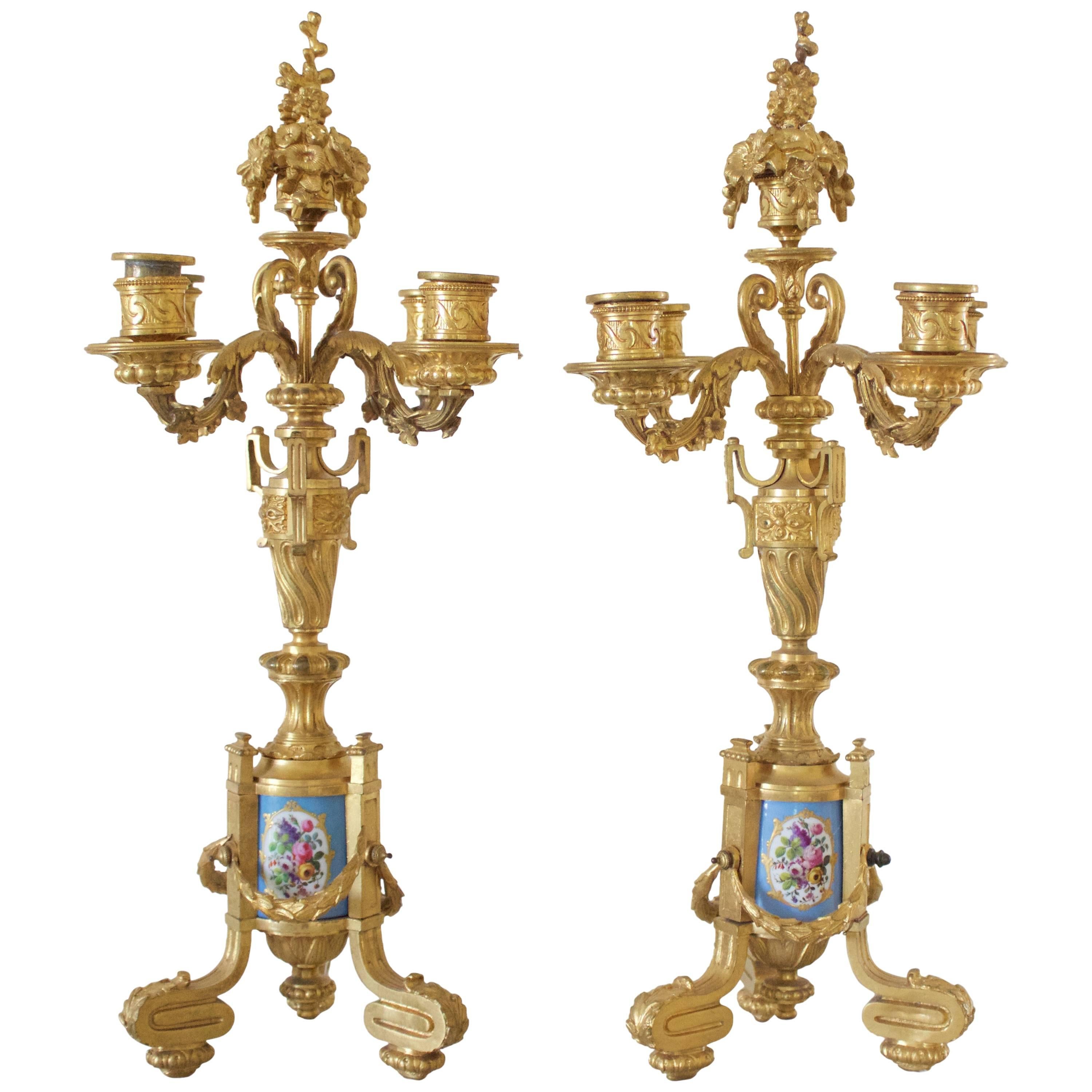 Pair of Napoleon III Period French Ormolu Bronze and Sevres Porcelain Candelabra For Sale