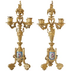 Antique Pair of Napoleon III Period French Ormolu Bronze and Sevres Porcelain Candelabra