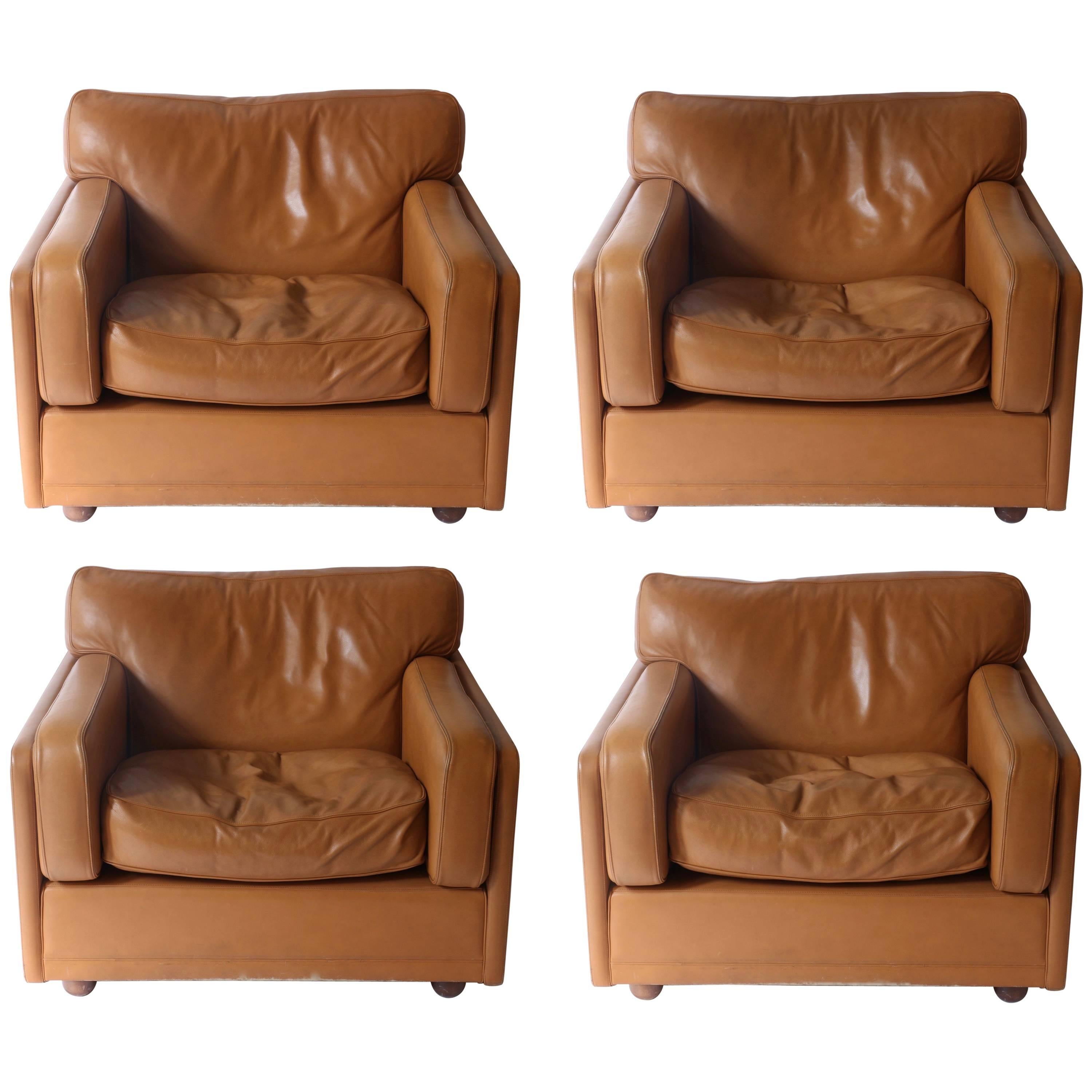 Set of three club chairs in brown honey color, made by Poltrona Frau, 1978