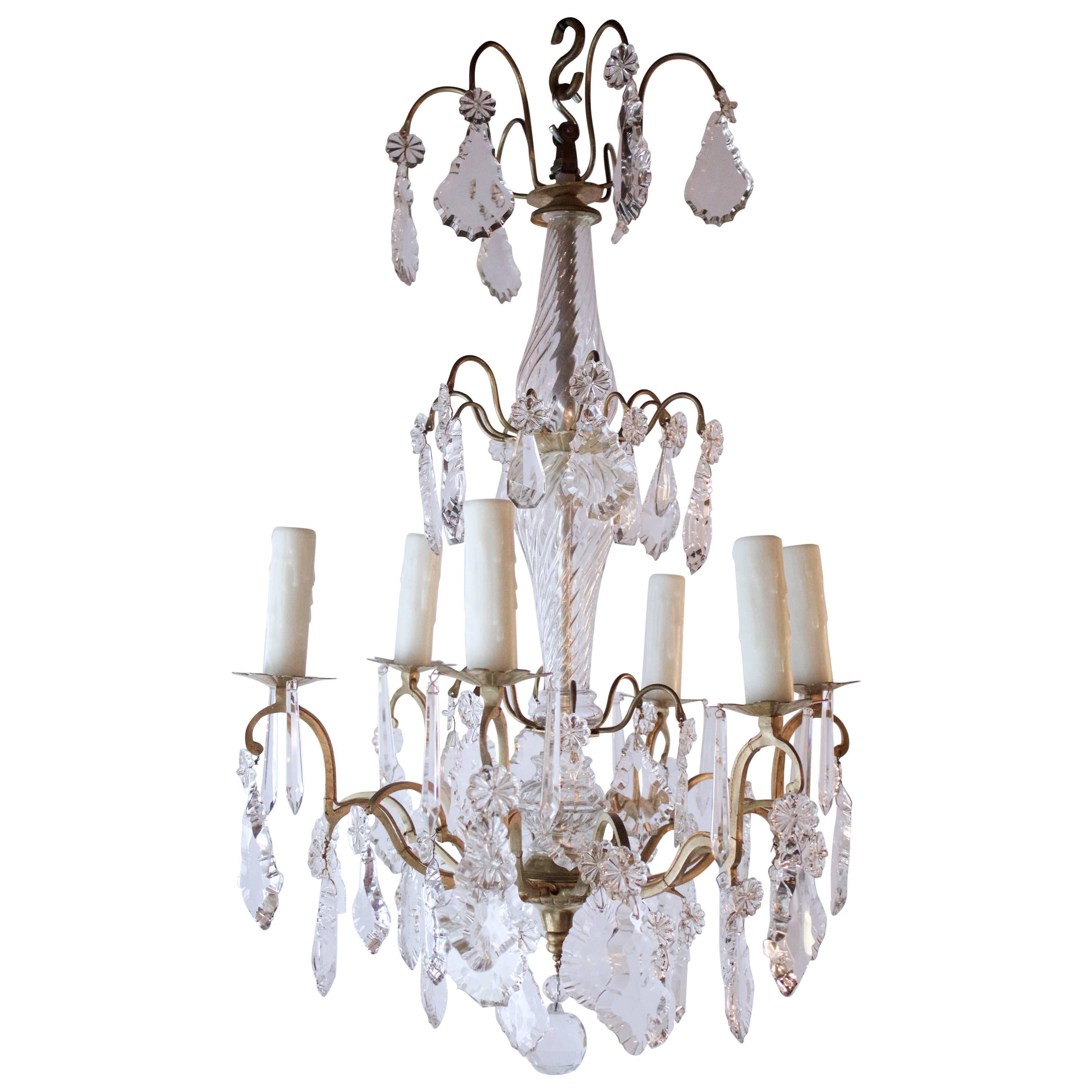 French Six Lights Gilded Bronze and Crystal Chandelier For Sale