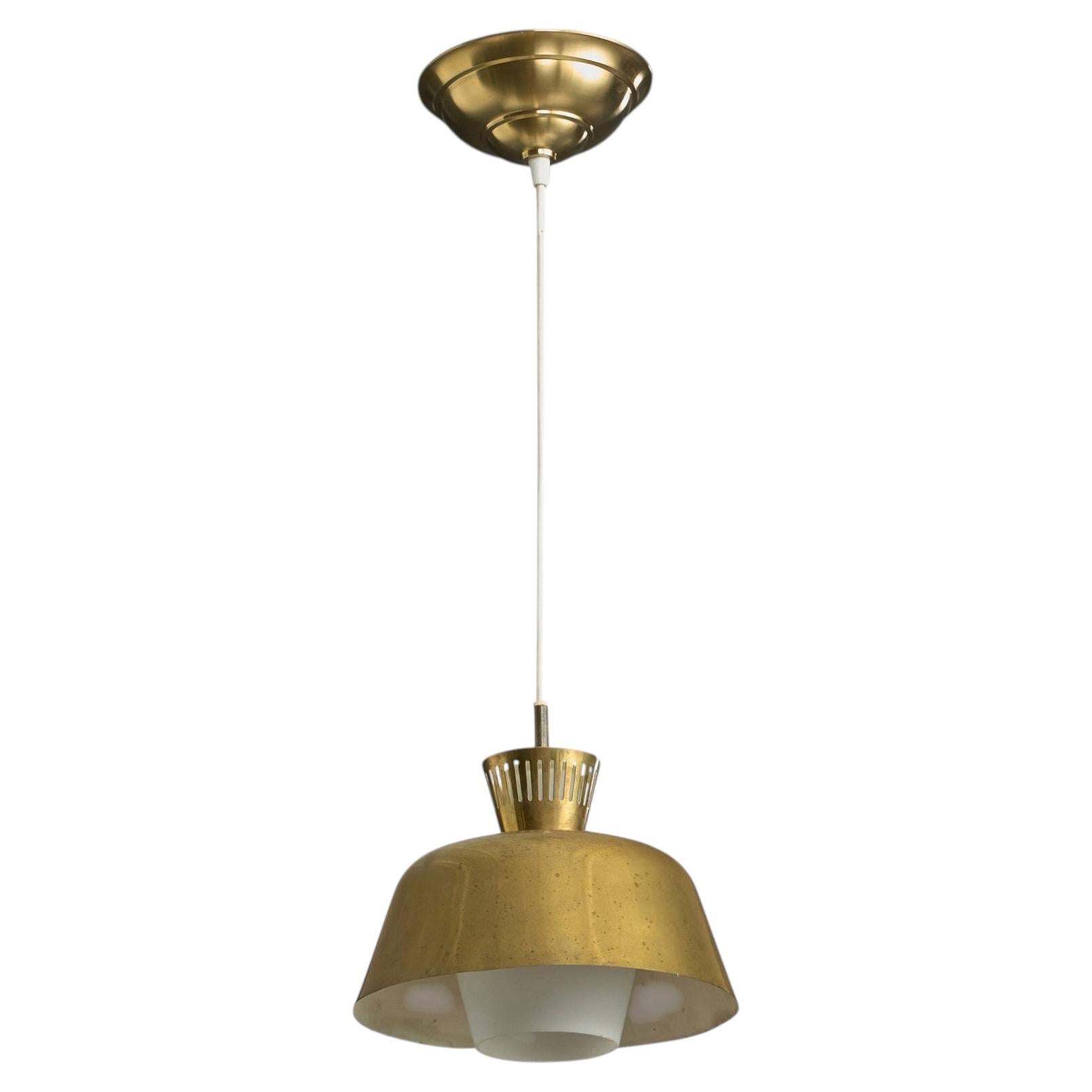 Danish Designer, Pendant Light, Brass, Glass, Denmark, 1950s For Sale