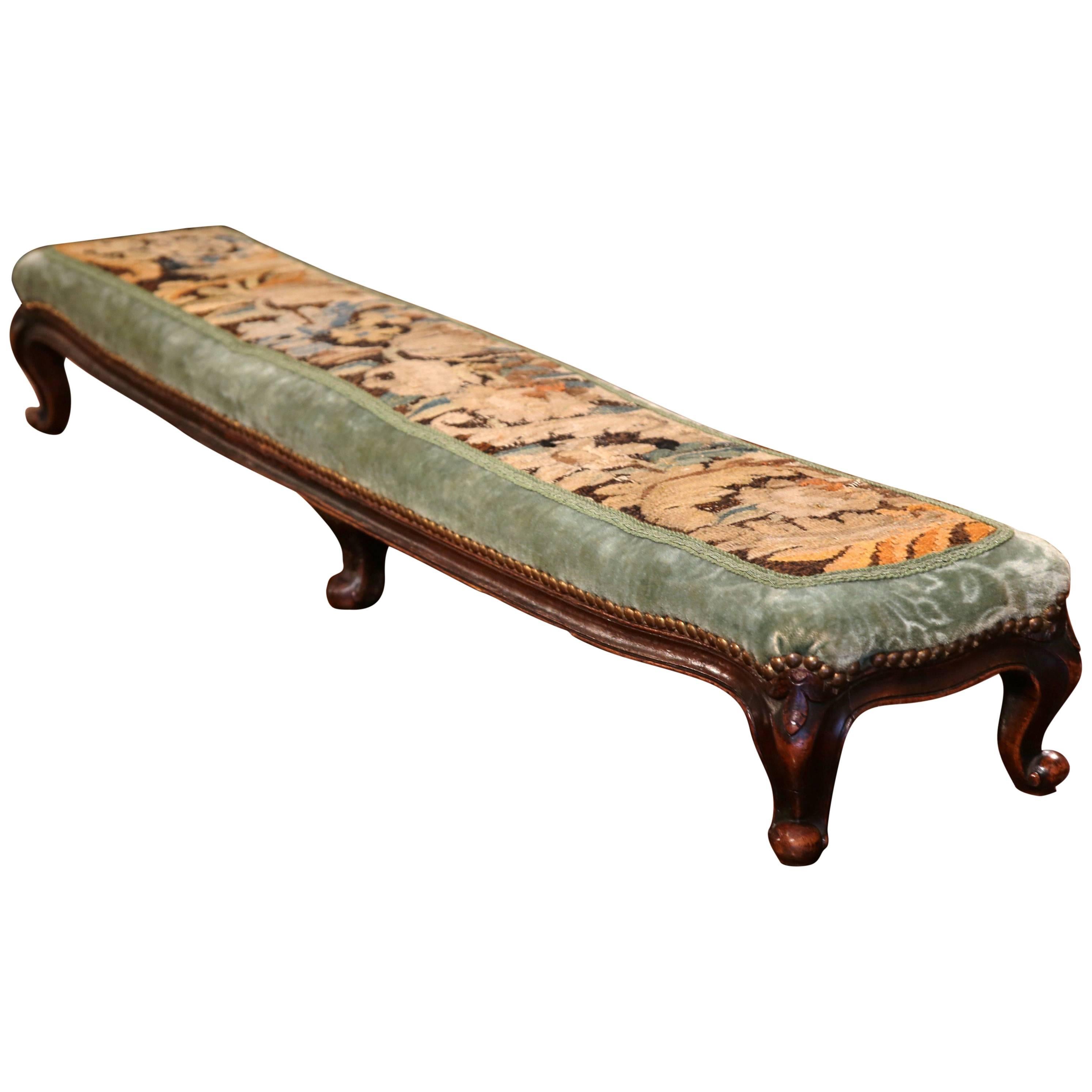 19th Century French Louis XV Walnut Six-Leg Foot Bench with Aubusson Tapestry